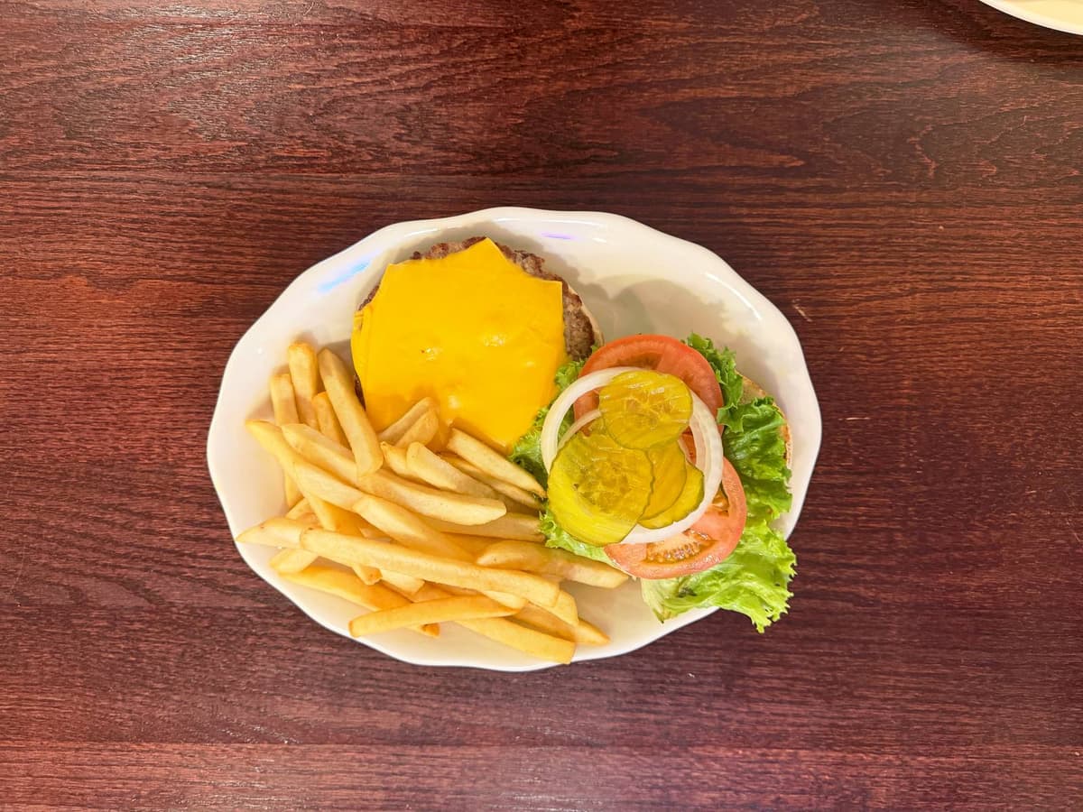 Cheeseburger and fries from above on a diner plate
